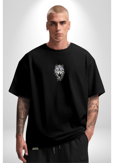 Beyaz Kurt Siyah Oversize Unisex Ön Orta Minimal Baskılı Tişört Siyah