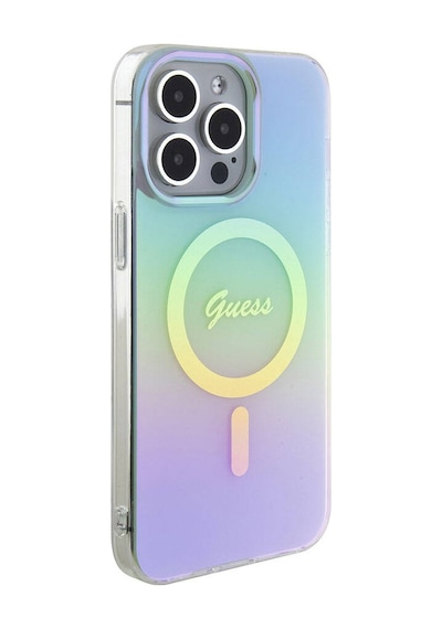 Apple Uyumlu iPhone 15 Pro Kılıf Guess Lisanslı Magsafe Şarj Özellikli Yazı Logo Iridescent Siyah