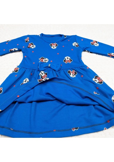 Momikon Minnie Mouse Baskılı Uzun Kollu Pamuklu Kız Çocuk Elbise Mavi