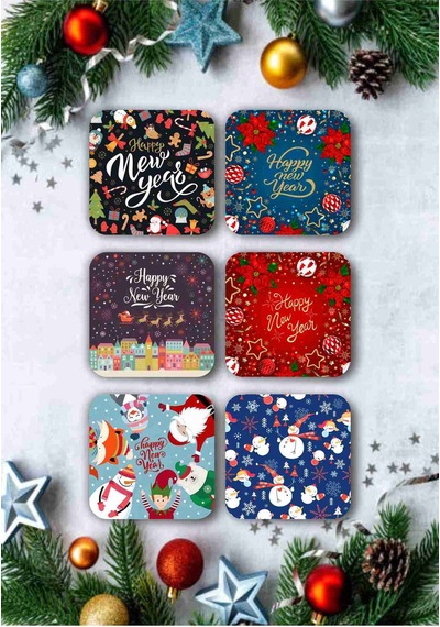 Mutlu Yıllar - Yılbaşı - Yeni Yıl - Merry Christmas Temalı Ahşap Bardak Altlığı Seti 6 Adet-00001 Ahşap