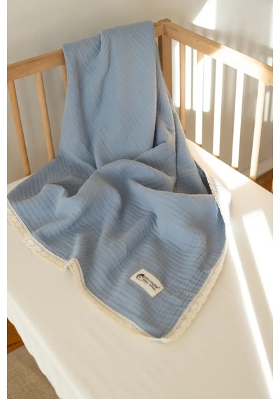 Sallhomee Pamuklu 4 Katlı Müslin Bebek Battaniyesi, Mavi, 90x110 Cm, Antibakteriyel, Dantelli, Düz Desen 36 Derece Üstü