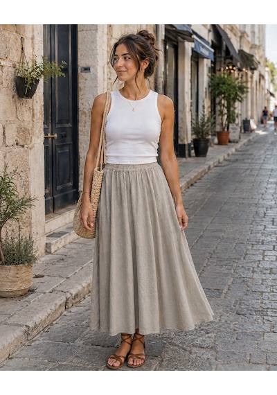 Eren Style İtalyan Beli Lastikli Kloş Etek Bej