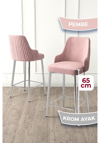 Canisa Tera Serisi 1 Adet Babyface Kumaş 65 Cm Krom Kaplama Ayaklı Pembe Bar Sandalyesi Pembe Sandalye Krom Kaplama Ayak