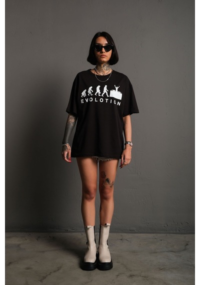 Technomonkey Siyah Oversize Evolution Baskılı Unisex Tişört