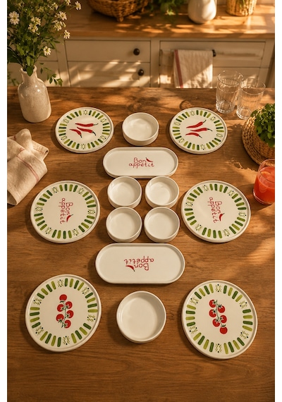 Green Bon Appetit 14 Parça 6 Kişilik Stackable Seramik Kahvaltı Takımı Lüx Sunum Seti Tabağı Beyaz