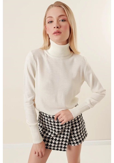 Onno Style Women Düz Balıkcı Yaka Basic Kazak Kemik