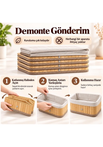 Bambu Düzenleyici Sepet Seti, Kumaş Astarlı, 5'li Set