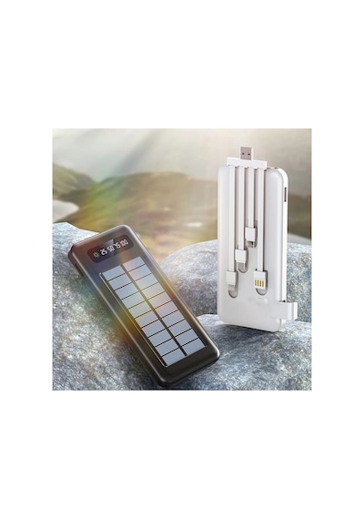 10000 Mah Powerbank Göstergeli Powerbank Solar Powerbank Güneş Enerjili Fenerli 4 Çıkışlı Siyah