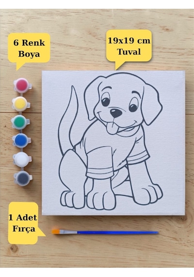 Çocuklara Özel Sevimli Köpek Baskılı Tuval Boyama Aktivite Seti 19x19 Cm Tuval, Fırça Ve 6 Renk Akrilik Boya Seti