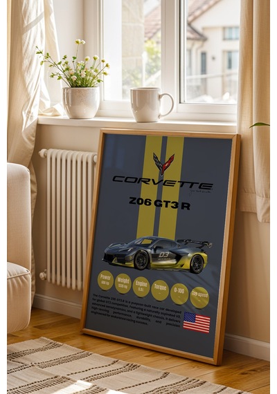 Corvette Z06 Gt3.r Yarış Arabası Tablosu - Teknik Özellikli Otomobil Poster - Çerçeveli Duvar Dekoru Kayın