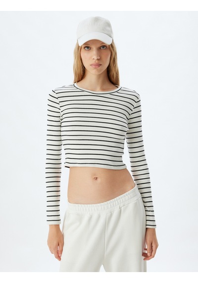 Koton Çizgili Crop Tişört Uzun Kollu Bisiklet Yaka Slim Fit Multıcolor 5wal10355ık Mavi