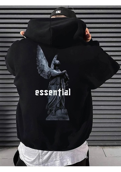 Unisex Siyah Essential Baskılı Kapüşonlu Oversize Sweatshirt Hoodie Siyah