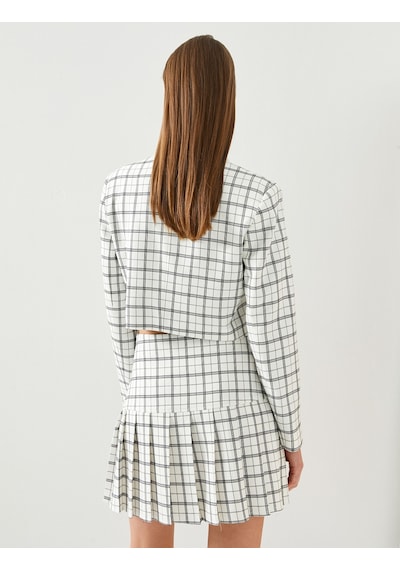 Koton Crop Blazer Ceket Kruvaze Kapama Düğmeli Ekru Ekose 4sak50058uw Ekru