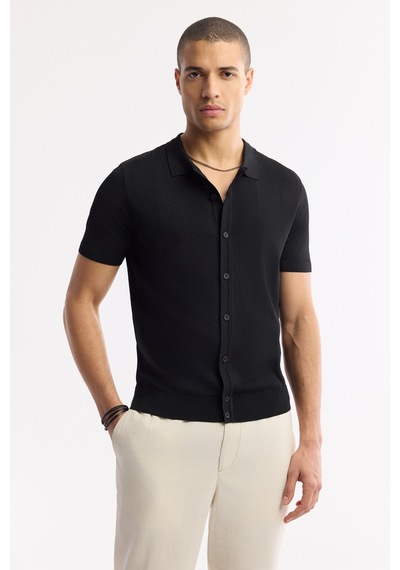 Avva Erkek Siyah Polo Yaka Düğmeli Fitilli Rayon Triko Regular Fit T-shirt A51y5001
