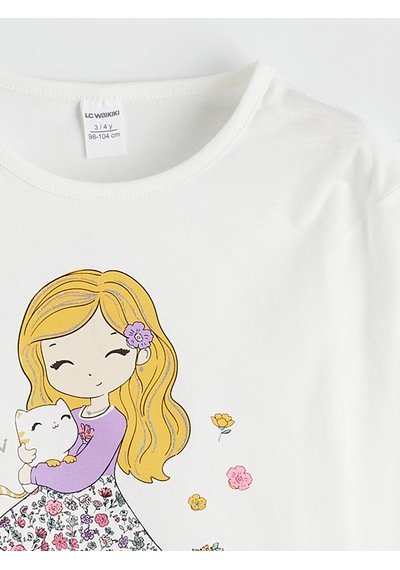 LC Waikiki Lcw Kids Beyaz Bisiklet Yaka Uzun Kollu Baskılı Kız Çocuk Tişört Ecru