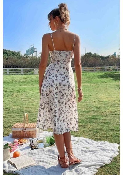 Efnaz Style Kadın Ip Askılı Yakadan Bağcıklı Desenli Süprem Elbise Bej