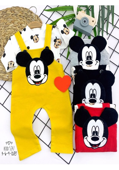 3-6-9-12 Ay Mickey Figürlü Uzun Kollu Baskılı Sweatli 2li Kız Erkek Bebek Salopet Takımı Çok Renkli