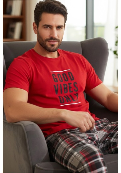 Siyah İnci Bisiklet Yaka Baskılı Örme Pijama Takım 25109828 Kırmızı