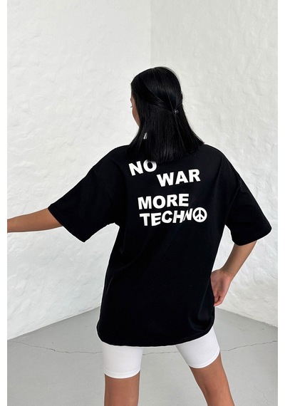 Technomonkey Unisex Siyah Oversize No War More Techno Baskılı Tişört