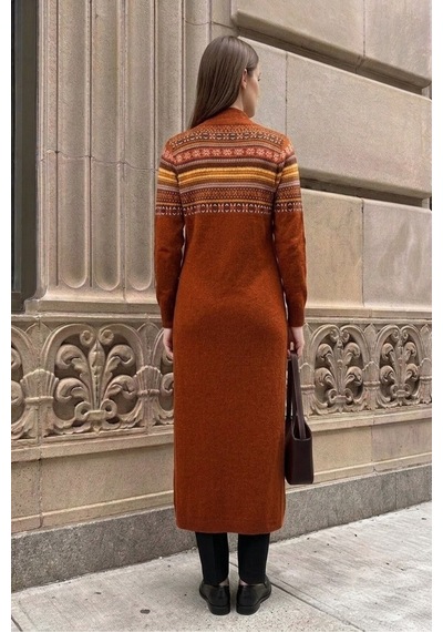Onno Style Women Kilim Desen Uzun Triko Kadın Hırka Kırmızı