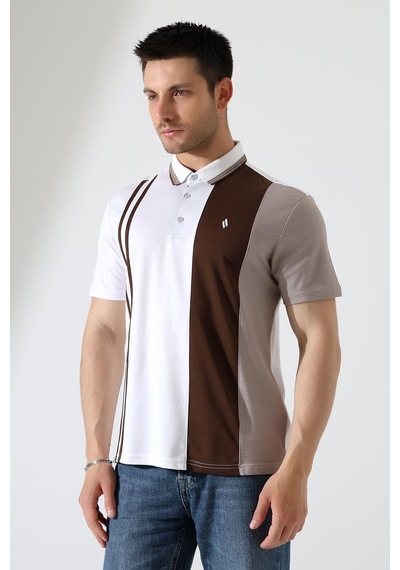 Rıbana Classıc Erkek Çizgili Şerit Detaylı Pamuklu Polo Yaka T-shirt Beyaz