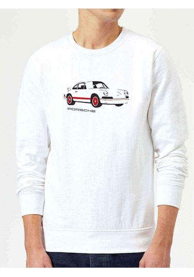 Porsche Baskılı Beyaz Erkek Örme Sweatshirt (528468814)