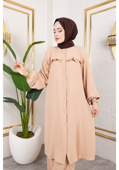 Nevayla Moda Ayrobin Kumaş İnci Detaylı Takım / T105 - Vizon Vizon