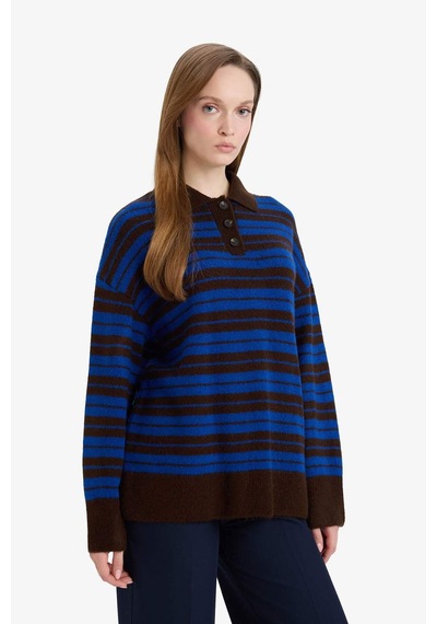 Defacto Loose Fit Polo Yaka Çizgili Triko Kazak Tunik G7240ax25cwbn468 Kahve-bn468
