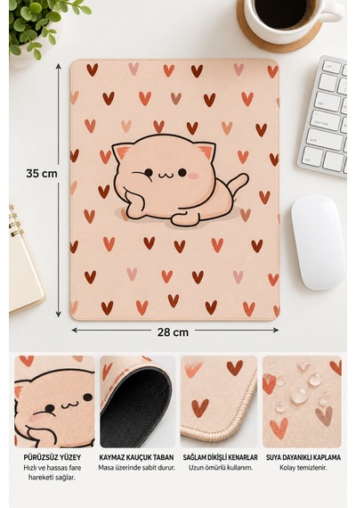 Kalpli Kedi Tasarımlı Mousepad 28x35 Cm Kaymaz Tabanlı Dikişli Kenar Ofis Ve Masaüstü