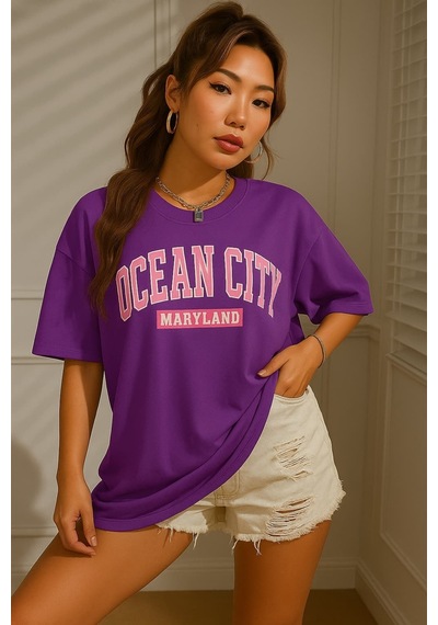Ocean Cıty Baskılı Oversize Unisex Tişört Mor
