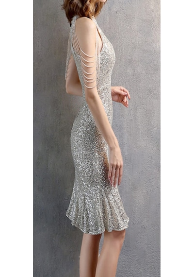 Hanife Glam Couture Hanife Glam Boncuk Detaylı Pulpayet Abiye Elbise Gümüş