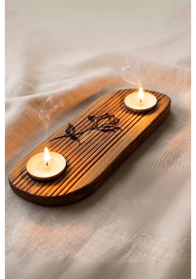 Ahşap El Yapımı İki Bölmeli S Kıvrımlı Tasarım Mumluk, Doğal Ahşap Lazer Gül Detaylı Tealight Mumluğu Kahverengi Kahverengi