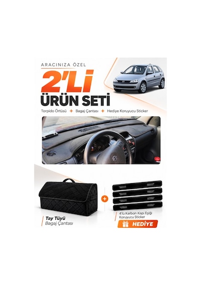 Opel Corsa C 2001-2011 Uyumlu Torpido Örtüsü + Tay Tüyü Bagaj Çantası + Sticker Seti - Siyah