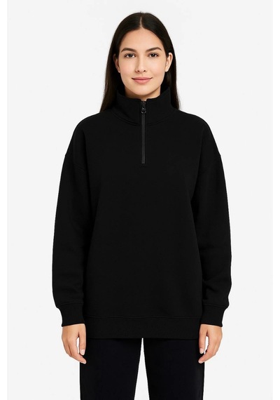 Kadın 3 İplik Pamuklu Dık Yaka Yarım Fermuarlı Sweatshirt - Siyah