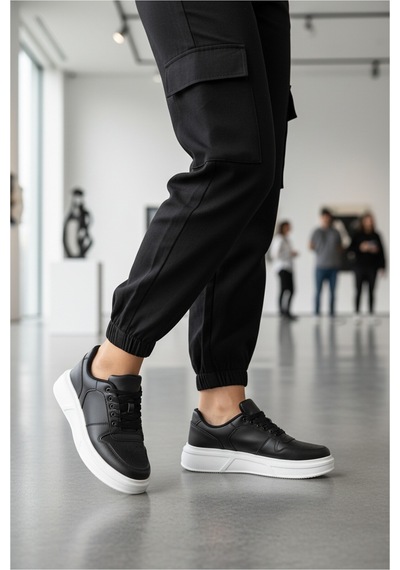 Ayk's Siyah Beyaz Bağcıklı Cilt Hafif Unisex Sneaker Aper 049 G Siyah-beyaz