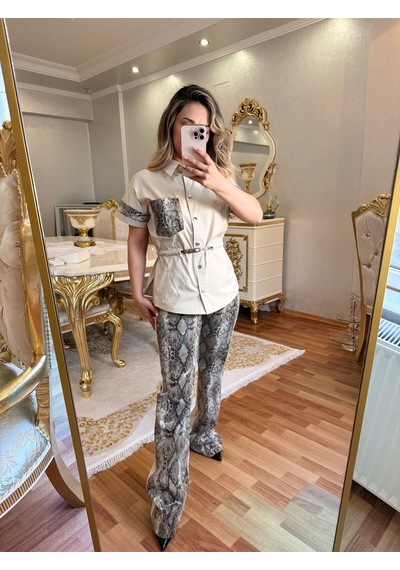 İlayla Tasarım Desenli İkili Takım Bej