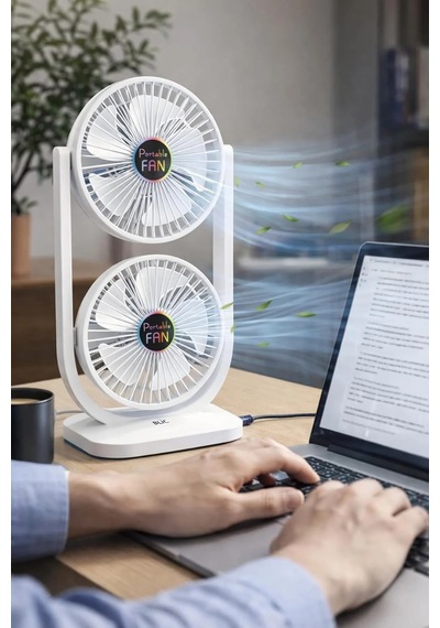 Exenar - Siyah - Çift Başlıklı Masaüstü Fan Brushless Motor 10w Güçlü Vantilatör Ayarlanabilir Başlık 2400 Mah Şarjlı