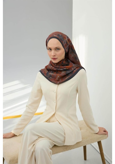 Silk Home Viskon Velora Eşarp Antrasit-taba Desenli Kaymaz Tok Duruşlu 90x90 Çok Renkli