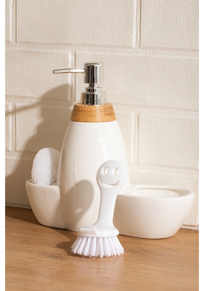 Porsima 5310825 Tezgah Üstü Beyaz Sıvı Sabunluk Fırçalı Süngerli Porselen Sabunluk 700ml 28cm