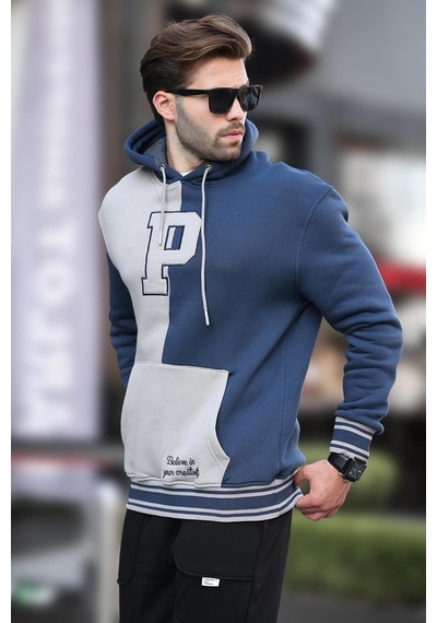 Madmext Lacivert Renk Bloklu Kapüşonlu Baskılı Erkek Sweatshirt 7078 Lacivert