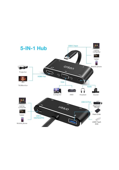 Onten Usb C To Hdmı Vga Hub Adaptör, 5-In-1 4K Type C To Hdmı+Vga
