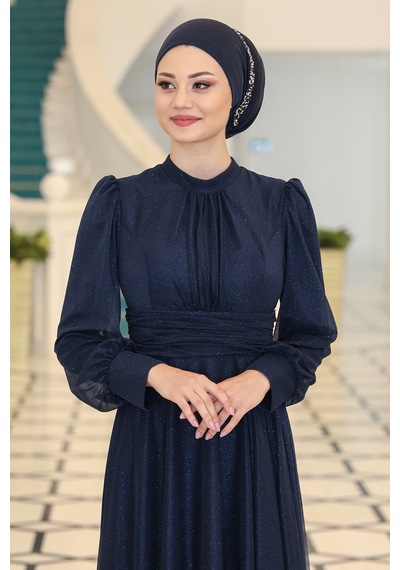 Raika Moda Şık Tasarım Tül Kübra Abiye Lacivert