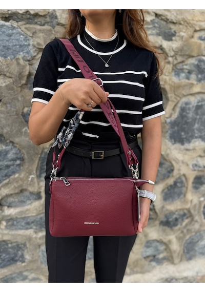 Kadın Orijinal Just Polo Yumuşak Deri Şal Detaylı Ayarlanabilir Askılı El Ve Omuz Çantası Shopper Bordo