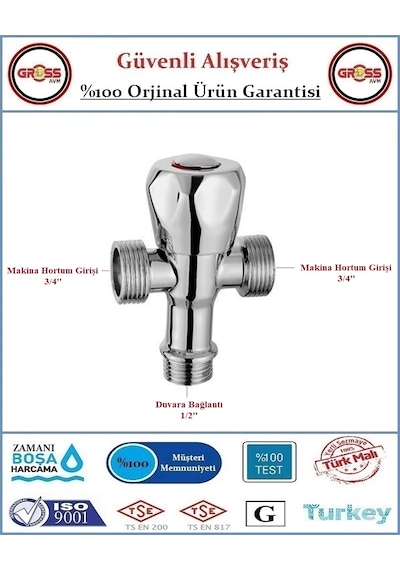 Şahinler Çift Çıkışlı Çamaşır, Bulaşık Makina Musluğu - %100 Prinç Krom