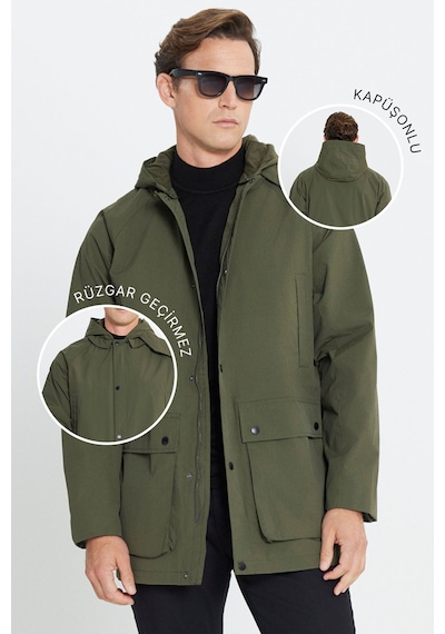 Ac&Co / Altınyıldız Classics Erkek Hakı Kapüşonlu Dik Yaka Standart Fit Kaban Haki