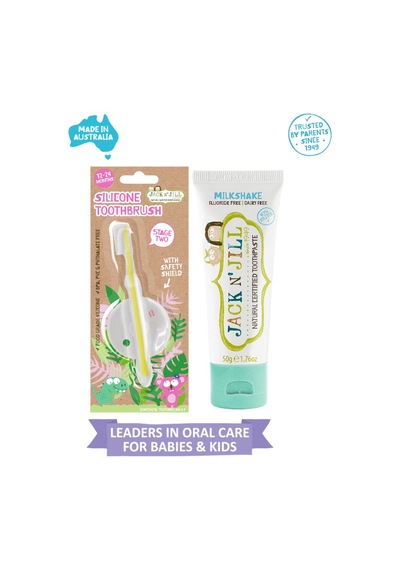 Jack N Jill Doğal Diş Bakım Seti Silikon Diş Fırçası + Milkshake Aromalı Macun 50g