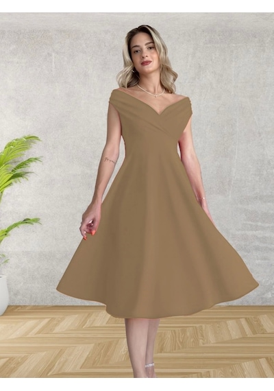 Defymoda Kadın Kısa Kollu Kruvaze Yaka Eteği Volanlı Krep Elbise Sütlü Kahve