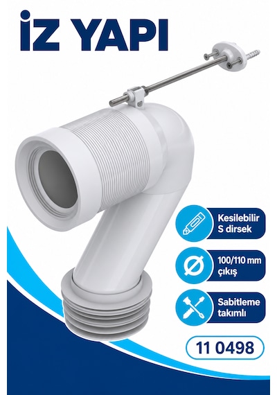 İz Yapı Kesilebilir S Tipi Klozet Bağlantı Dirseği 100/110 Mm Tpe Contalı Sabitleme Takımlı Beyaz