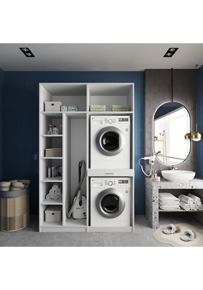 Megan Çamaşır Ve Kurutma Makinesi Dolabı Banyo Dolabı Beyaz Beyaz