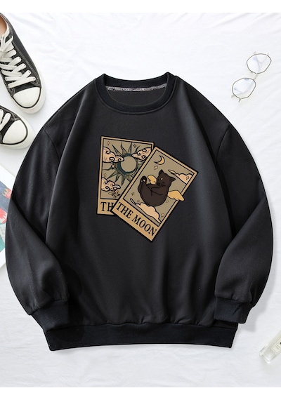 Uyguntarz Unisex Tarot Kart Baskılı Oversize Sweatshirt siyah